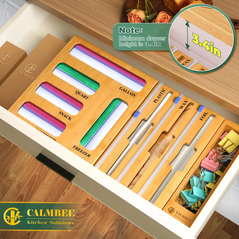 9 In 1 Bamboo Kitchen Drawer Organizer With Built In Plastic Wrap And Aluminum Foil Dispenser And Cutter, Baggie Organizer For Sandwich, Snack, Quart And Gallon Bags, And Extra Drawer Storage Box inside kitchen drawer