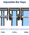 Three views showing adjustable bar gaps on Two Tier 20 Inch Dumbbell Rack With Adjustable Bar Width That Fits Dumbbells Kettlebells
