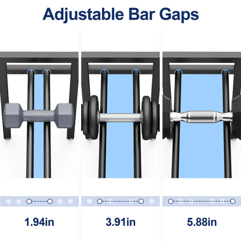 Three views showing adjustable bar gaps on Two Tier 20 Inch Dumbbell Rack With Adjustable Bar Width That Fits Dumbbells Kettlebells