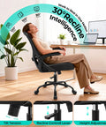 Woman reclining in ergonomic breathable mesh desk chair with adjustable lumbar support and flip-up armrests in office setting.