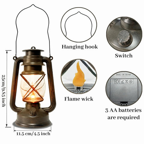 Vintage LED Outdoor Lantern With Dancing Flame Wick, Battery Powered Waterproof Camping Lamp, Hanging Lantern For Indoor
