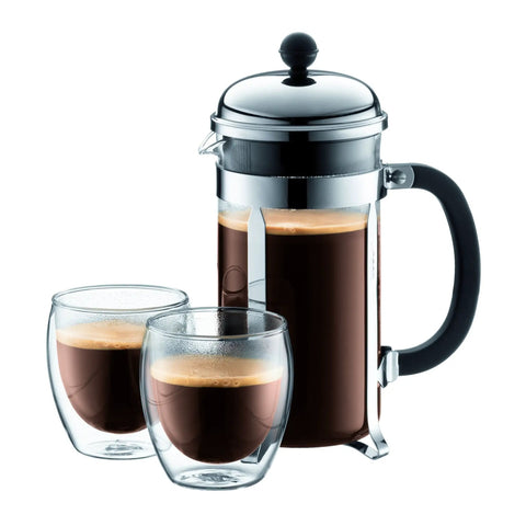 Real Deal Double Walled Espresso Glasses Set Of 2 Insulated Borosilicate Shot Cups Clear Heat Resistant Coffee Cup with French press.