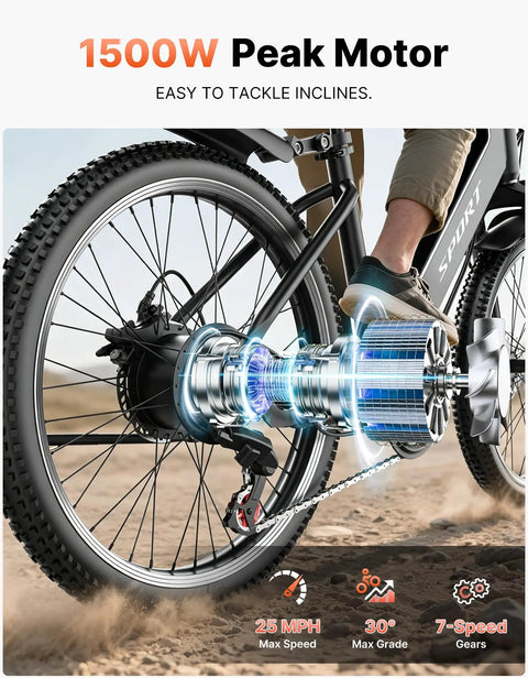High Power 1500W Peak Ebike For Adults With 48V 12Ah Removable Battery Up To 25 MPH And 65 Mile Range showing rear wheel motor