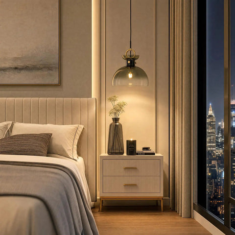Tribesigns 11" Modern Pendant Lighting with Gradient Green Glass Shade above a bedside table in a stylish bedroom.