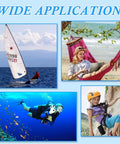 Collage showing various outdoor uses including sailing, relaxing in a hammock, diving, and rock climbing, highlighting versatility