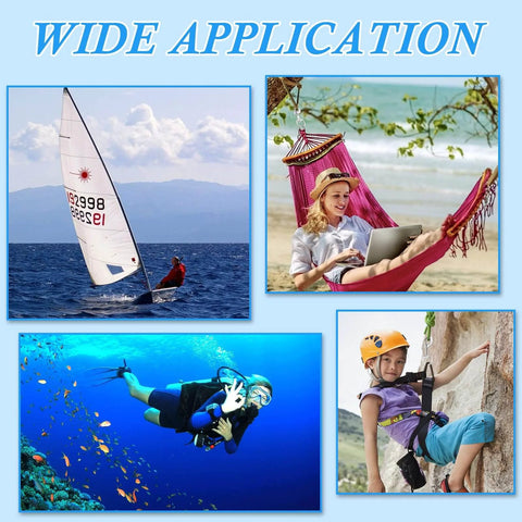 Collage showing various outdoor uses including sailing, relaxing in a hammock, diving, and rock climbing, highlighting versatility