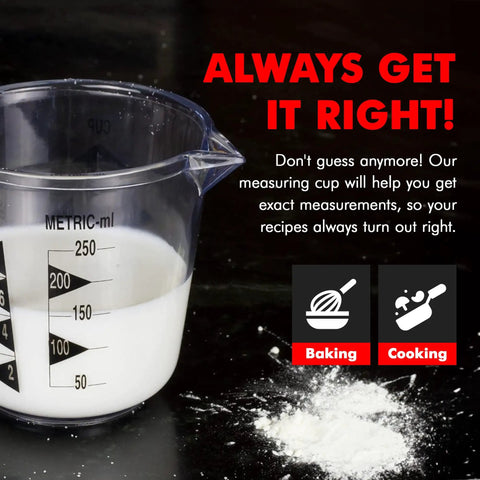 Clear Plastic Measuring Cup With Easy Read US And Metric Markings, 1 Cup Size, Durable Dishwasher Safe, on black surface with powder