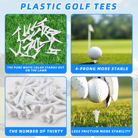 30 Pack 1.5 Inch Short Plastic Golf Tees With Four Prongs For Less Friction And Side Spin displayed on grass.