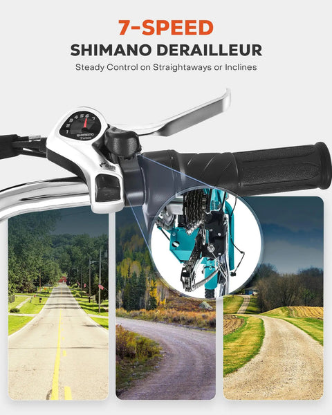 All Day Electric Tricycle For Adults 350W 7 Speed Trike With 468Wh Removable Battery 24 Inch Three Wheel E Trike For Seniors Men Women Heavy Duty 330 Lb Capacity Motorized Pedal Assist Bike 7-speed Shimano derailleur handlebar control
