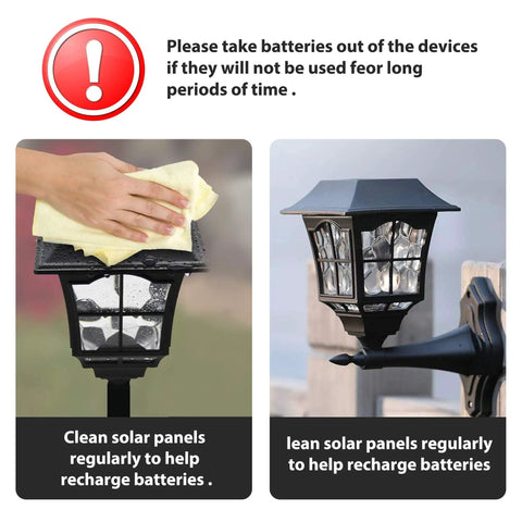 Instruction image for maintaining 1600mAh 1.2V NiMH AA Rechargeable Battery in outdoor solar lights, showing solar panel cleaning.