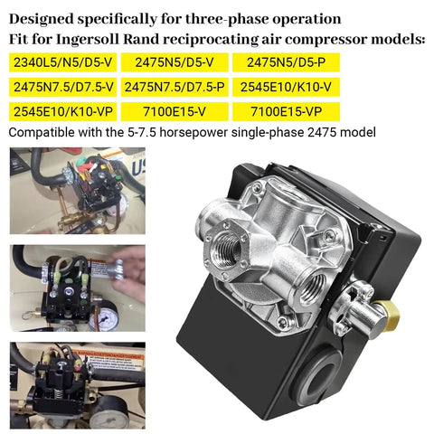 Pressure Switch For Two Stage Air Compressor Five To Seven And A Half HP 135 To 175 PSI With Unloader And Four Port On Off Lever Fits 2475 2545 2340 7100 Reciprocating Models