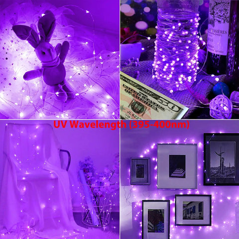 Battery Operated UV Black Light String Lights With 50 LEDs, 16.5 Ft Flexible Fairy Lights, 8 Modes, USB Powered Option, Great For Fluorescent Body Paint, Parties, Stage Show And Halloween Decor