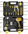 166 Piece General Home Repair Tool Set With Cordless 12V Drill Battery And Charger In Portable Tool Box open view with tools