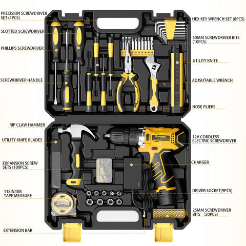 166 Piece General Home Repair Tool Set With Cordless 12V Drill Battery And Charger In Portable Tool Box open view with tools