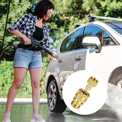 Pressure washer adapter set; woman uses spray wand on white SUV; inset brass M22-14mm to 3/8in adapters.