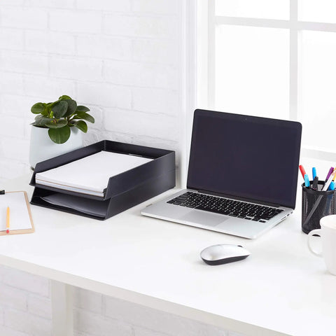 Rectangular Desk Organizer Letter Size Document Tray Two Pack Black Heavy Duty Plastic Stacking Caddy Keeping Office Files Tidy With A Hasslefree Setup And Zero Paper Stress