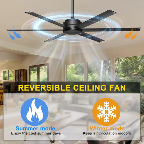 60 Inch Ceiling Fan No Light With Remote And App Control Quiet DC Motor Indoor Outdoor Ceiling Fan For Patio Garage Shop Industrial Aluminum Blades In Black installed in living room