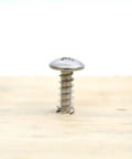 Size 10 X 3/4 Inch Truss Head Phillips Wood Screw embedded in wood, showcasing stainless steel material.