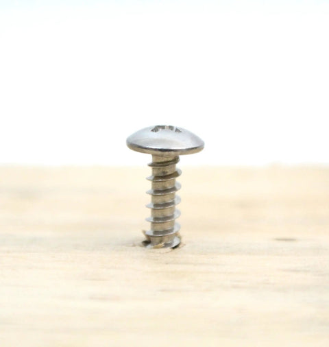 Size 10 X 3/4 Inch Truss Head Phillips Wood Screw embedded in wood, showcasing stainless steel material.
