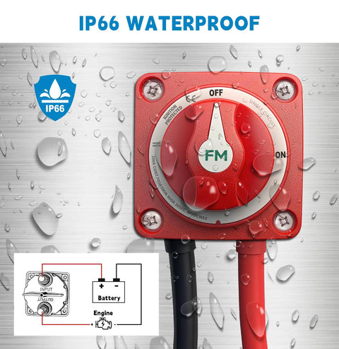 Beefed Up 300A Waterproof Battery Disconnect Switch 12V To 48V On Off Kill Switch with cables and IP66 rating