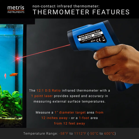 Digital Infrared Thermometer Gun With 12 To 1 Distance To Spot Ratio Laser Aiming For Aquarium Terrarium Reptile Snake Enclosures And Automotive Use Lightweight Handheld Temp Tool With Fast Accurate Surface Readings, blue handheld infrared thermometer aimed at aquarium