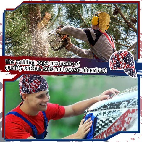 4 Pack Flame Resistant Welding Caps For Men And Women, Cotton Mesh Sweat Absorbing Welding Hats with an American flag pattern