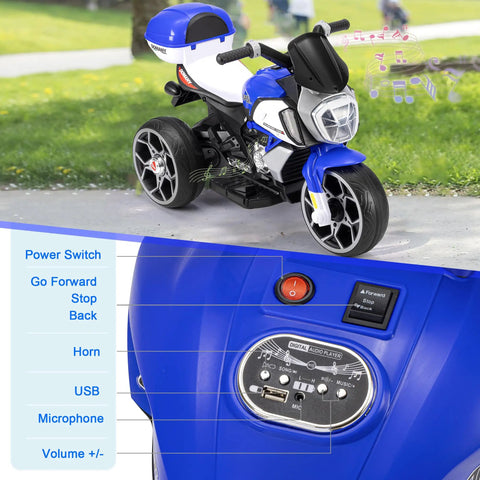 6V Kids Electric Three-Wheel Ride-On Motorcycle For Ages 3-8, blue plastic toy bike with USB music control panel