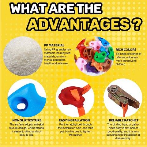 What Are The Advantages graphic showing Kids Outdoor Ninja Climbing Holds Set With 18 Rock Grips And 6 Ratchet Straps features.