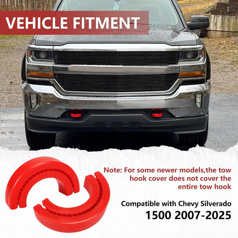 Front Tow Hook Covers For Silverado 1500 And GMC Sierra 1500 Red Silicone Hitch Covers 2 Pack on vehicle front view