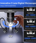 TriL110 3 Lens Digital Microscope With 10.1 Inch IPS Screen 2500X HD Coin View LCD Soldering Microscopy For Grownups 14 LED Lights 2K Quality PC And TV Compatible, rotating lens view