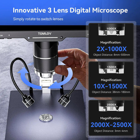 TriL110 3 Lens Digital Microscope With 10.1 Inch IPS Screen 2500X HD Coin View LCD Soldering Microscopy For Grownups 14 LED Lights 2K Quality PC And TV Compatible, rotating lens view