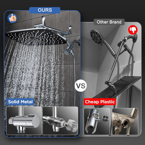 Front view: Veken 11.8-inch rain shower head with handheld, chrome finish, solid metal construction and extension arm.