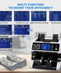 Bank-Grade Money Counter With External Display And All-In-One Thermal Printer showing multi-function display modes with currency