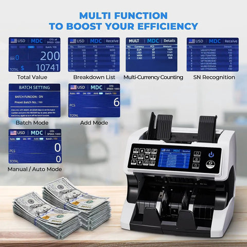 Bank-Grade Money Counter With External Display And All-In-One Thermal Printer showing multi-function display modes with currency