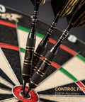 Six Pack Knurled Brass Darts With Steel Tips And Aluminum Shafts In An EVA Case, 20g Precision Barrels, O Ring Seal, And GlideXPro 130 micron Flights hitting bullseye