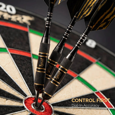 Six Pack Knurled Brass Darts With Steel Tips And Aluminum Shafts In An EVA Case, 20g Precision Barrels, O Ring Seal, And GlideXPro 130 micron Flights hitting bullseye