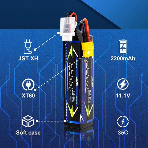 3S 11.1V 2200mAh LiPo Battery With XT60 Connector For RC Cars, Trucks, And Buggy, 35C High Discharge shown with features