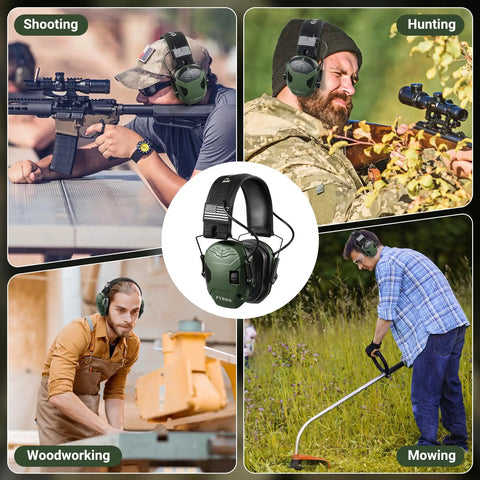 Range Ready 23dB Shooting Earmuffs With Gel Ear Pads, Slim Active Noise Reduction And Sound Amplification For Gun Range And Hunting Green Requires 2 AAA Batteries Not Included used in shooting, hunting, woodworking, and mowing.