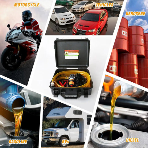 No Sweat 12V 75W Electric Gas Fuel Transfer Pump Set Workhorse Grade with hose and case for vehicles, RVs, gasoline, and diesel.