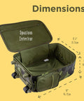 Kids Rolling Luggage With Wheels, Toddler Carry On Suitcase showing open interior with dimensions, fun pattern, durable material.