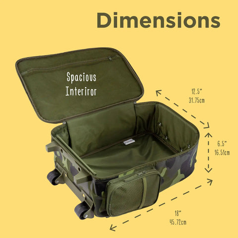 Kids Rolling Luggage With Wheels, Toddler Carry On Suitcase showing open interior with dimensions, fun pattern, durable material.