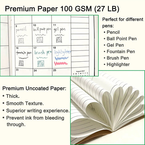 A5 Calendar Planner Inserts for Travelers Notebook Two Year Calendar Set July 2026 Through June 2028, premium 100gsm paper, pen test chart and feature list.