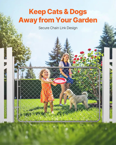 Woman and child with dog by adjustable chain link fence gate 72 by 48 inches rust resistant galvanized steel garden gate for farm