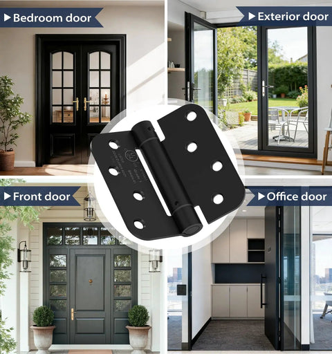 3 Pack 4 Inch Self Closing Door Hinges With Five Eighth Inch Radius Corners Black Finish For Kitchen Bathroom Garage And Office Doors No Fuss Install Durable Stainless Steel Mounting Hardware Built To Last Ideal For Interior Doors And High Traffic Use. Black 4-inch self-closing door hinge on interior and exterior doors