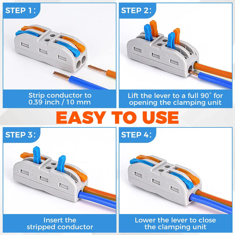 Steps for using 84 Piece Lever Wire Connector Kit For Quick Connects Reusable Compact Splicing For 28 12 AWG Wiring