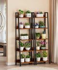 5 Tier Ladder Shelf With Removable Fabric Drawer, Rustic Wood And Metal Bookcase Organizer with plants on shelves