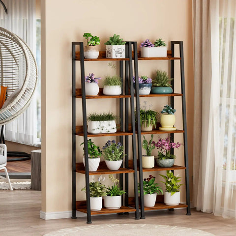 5 Tier Ladder Shelf With Removable Fabric Drawer, Rustic Wood And Metal Bookcase Organizer with plants on shelves