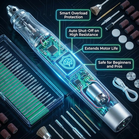 USB Rechargeable Mini Engraving Pen Cordless Rotary Tool internal circuit, accessories, and features highlight.