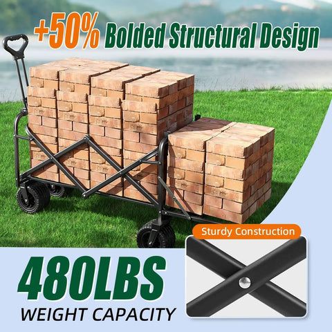 Foldable Wagon Cart With Tailgate And Roof, 240L Large Capacity, 480Lb Load, loaded with bricks on grass