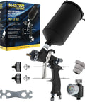 Pro Gear HVLP Spray Gun Total Package with large black cup, three nozzles, and pressure gauge for auto or furniture projects.